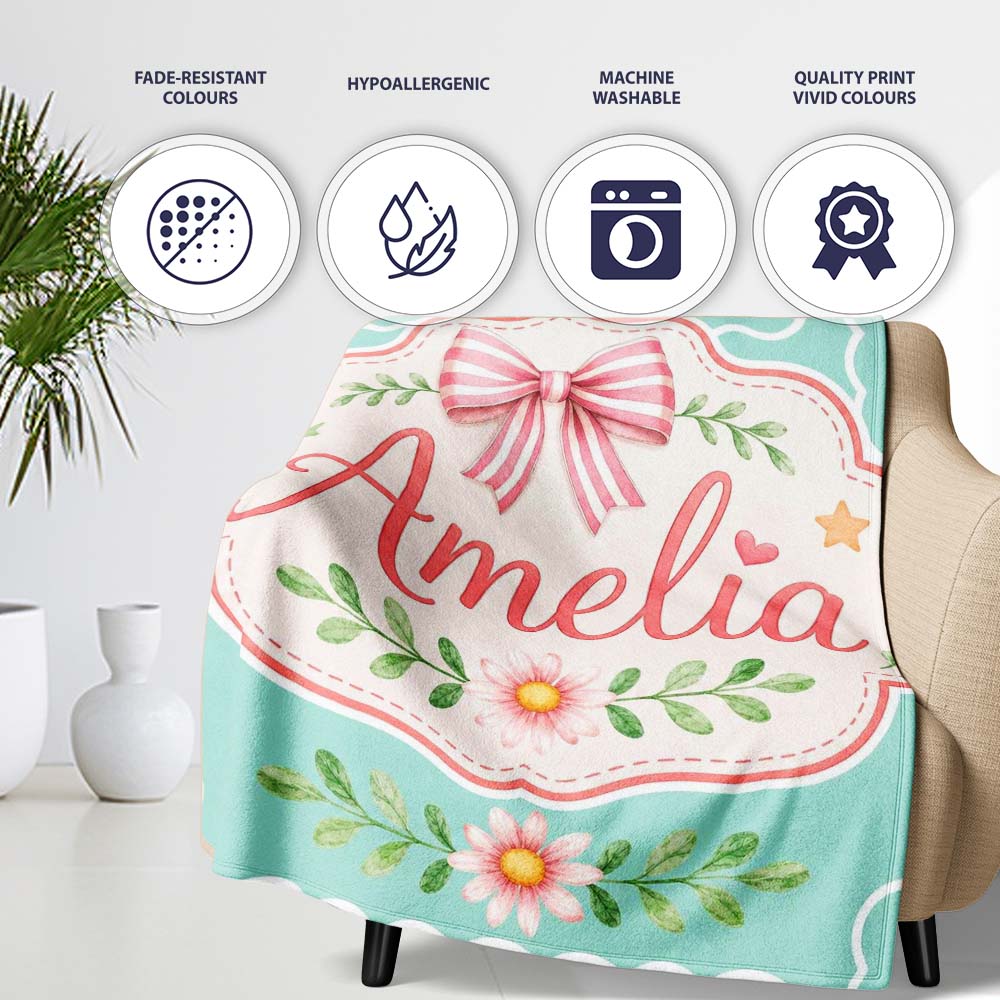 Cute Strawberry Cherry Ribbon Bow Sweet Dessert Pattern Teal Green  Personalised Custom Name Super Soft Fleece Blanket Bed Sofa Throw