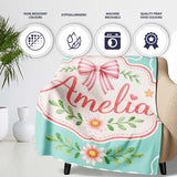 Cute Strawberry Cherry Ribbon Bow Sweet Dessert Pattern Teal Green  Personalised Custom Name Super Soft Fleece Blanket Bed Sofa Throw