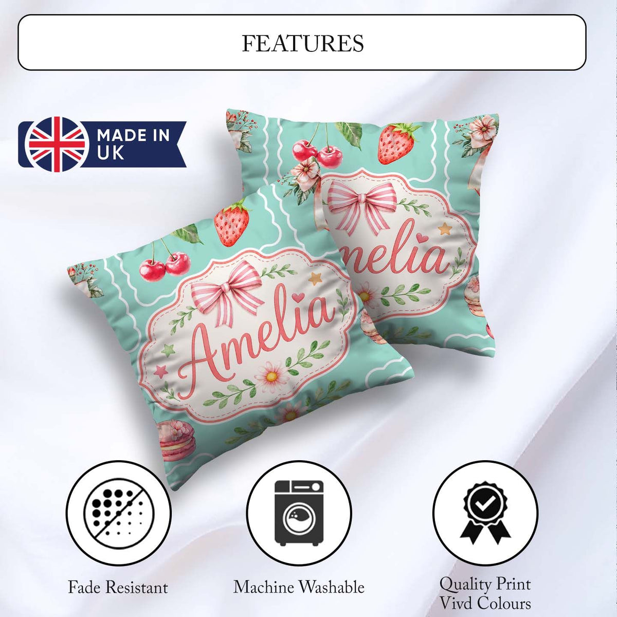 Custom Name Cherry Ribbon Bow Sweet Dessert Pattern Teal Green Square Filled Cushion Throw Pillow Sofa Bed Home Decor Zip Washable UK Made