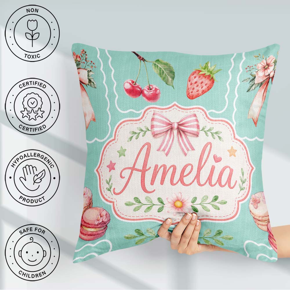 Custom Name Cherry Ribbon Bow Sweet Dessert Pattern Teal Green Square Filled Cushion Throw Pillow Sofa Bed Home Decor Zip Washable UK Made