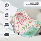 Cute Strawberry Cherry Ribbon Bow Sweet Dessert Pattern Teal Green  Personalised Custom Name Super Soft Fleece Blanket Bed Sofa Throw