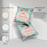Custom Name Cherry Ribbon Bow Sweet Dessert Pattern Teal Green Square Filled Cushion Throw Pillow Sofa Bed Home Decor Zip Washable UK Made