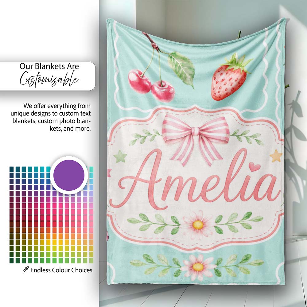 Cute Strawberry Cherry Ribbon Bow Sweet Dessert Pattern Teal Green  Personalised Custom Name Super Soft Fleece Blanket Bed Sofa Throw