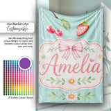 Cute Strawberry Cherry Ribbon Bow Sweet Dessert Pattern Teal Green  Personalised Custom Name Super Soft Fleece Blanket Bed Sofa Throw