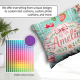 Custom Name Cherry Ribbon Bow Sweet Dessert Pattern Teal Green Square Filled Cushion Throw Pillow Sofa Bed Home Decor Zip Washable UK Made