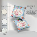 Custom Name Cherry Ribbon Bow Sweet Dessert Pattern Dusty Blue Square Filled Cushion Throw Pillow Sofa Bed Home Decor Zip Washable UK Made
