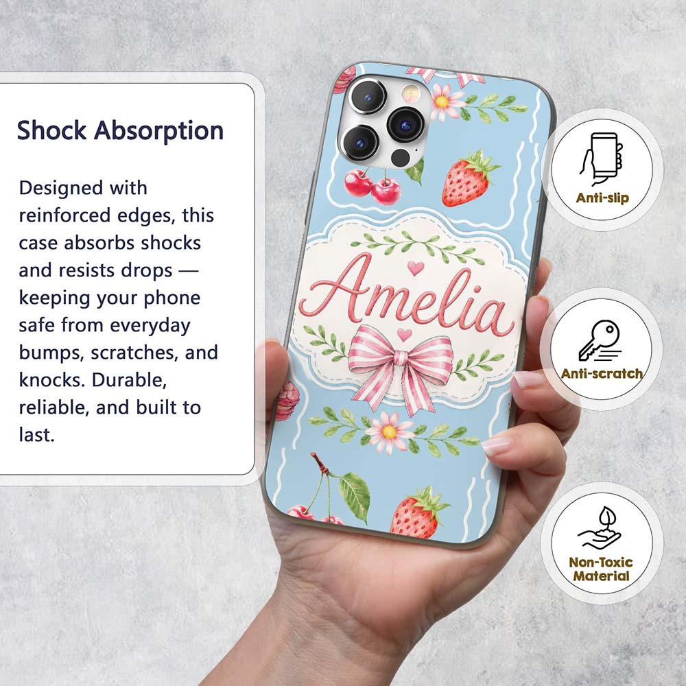 Cute Strawberry Cherry Ribbon Bow Sweet Dessert Custom Name Protective Phone Case Mobile Cover Durable Everyday Smartphone Shock Resistant