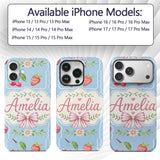 Cute Strawberry Cherry Ribbon Bow Sweet Dessert Custom Name Protective Phone Case Mobile Cover Durable Everyday Smartphone Shock Resistant