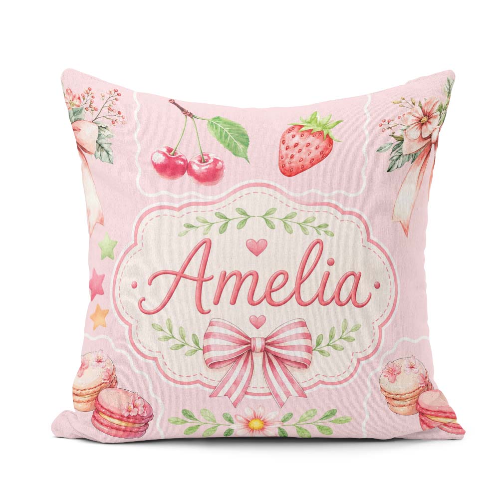 Custom Name Strawberry Cherry Ribbon Bow Sweet Dessert Soft Pink Square Filled Cushion Throw Pillow Sofa Bed Home Decor Zip Washable UK Made