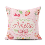 Custom Name Strawberry Cherry Ribbon Bow Sweet Dessert Soft Pink Square Filled Cushion Throw Pillow Sofa Bed Home Decor Zip Washable UK Made