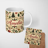 Personalized Custom Name Vintage Christmas Trees Holly Berries Baubles Festive Holiday Design 11oz Ceramic Coffee Tea Mug White Large Handle