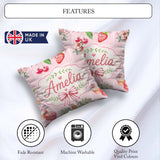 Custom Name Strawberry Cherry Ribbon Bow Sweet Dessert Soft Pink Square Filled Cushion Throw Pillow Sofa Bed Home Decor Zip Washable UK Made