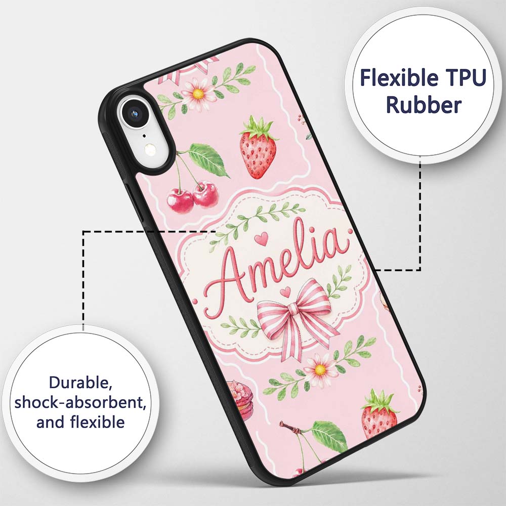 Cute Strawberry Cherry Ribbon Bow Sweet Dessert Custom Name Protective Phone Case Mobile Cover Durable Everyday Smartphone Shock Resistant