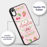Cute Strawberry Cherry Ribbon Bow Sweet Dessert Custom Name Protective Phone Case Mobile Cover Durable Everyday Smartphone Shock Resistant