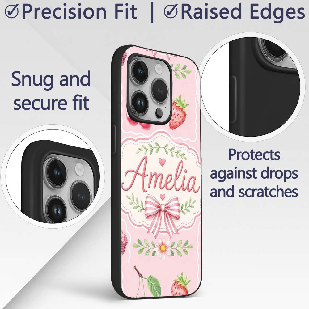 Cute Strawberry Cherry Ribbon Bow Sweet Dessert Custom Name Protective Phone Case Mobile Cover Durable Everyday Smartphone Shock Resistant