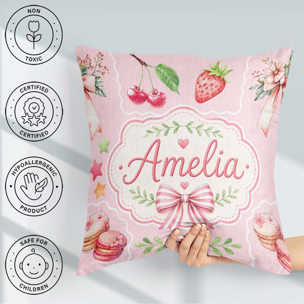 Custom Name Strawberry Cherry Ribbon Bow Sweet Dessert Soft Pink Square Filled Cushion Throw Pillow Sofa Bed Home Decor Zip Washable UK Made