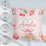 Custom Name Strawberry Cherry Ribbon Bow Sweet Dessert Soft Pink Square Filled Cushion Throw Pillow Sofa Bed Home Decor Zip Washable UK Made