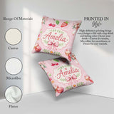 Custom Name Strawberry Cherry Ribbon Bow Sweet Dessert Soft Pink Square Filled Cushion Throw Pillow Sofa Bed Home Decor Zip Washable UK Made