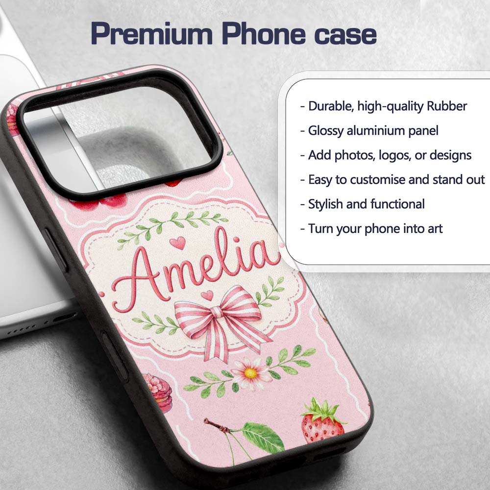 Cute Strawberry Cherry Ribbon Bow Sweet Dessert Custom Name Protective Phone Case Mobile Cover Durable Everyday Smartphone Shock Resistant