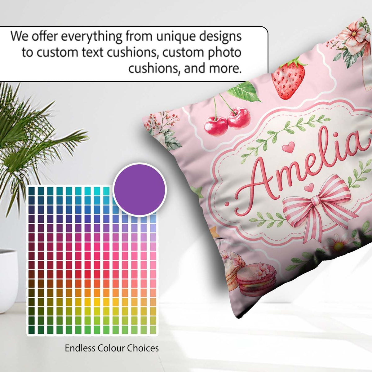 Custom Name Strawberry Cherry Ribbon Bow Sweet Dessert Soft Pink Square Filled Cushion Throw Pillow Sofa Bed Home Decor Zip Washable UK Made
