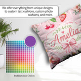 Custom Name Strawberry Cherry Ribbon Bow Sweet Dessert Soft Pink Square Filled Cushion Throw Pillow Sofa Bed Home Decor Zip Washable UK Made