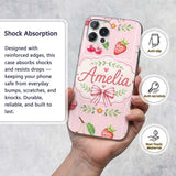Cute Strawberry Cherry Ribbon Bow Sweet Dessert Custom Name Protective Phone Case Mobile Cover Durable Everyday Smartphone Shock Resistant