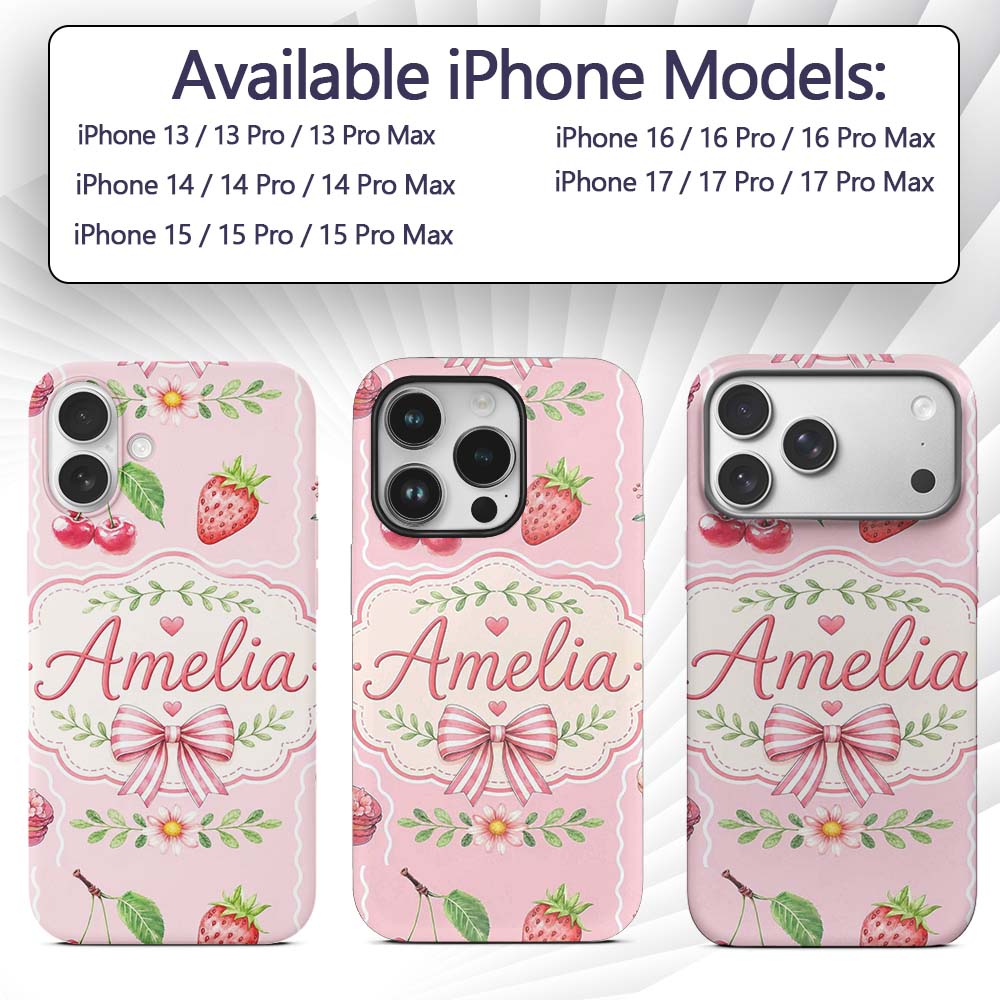 Cute Strawberry Cherry Ribbon Bow Sweet Dessert Custom Name Protective Phone Case Mobile Cover Durable Everyday Smartphone Shock Resistant