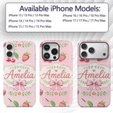 Cute Strawberry Cherry Ribbon Bow Sweet Dessert Custom Name Protective Phone Case Mobile Cover Durable Everyday Smartphone Shock Resistant