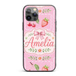 Cute Strawberry Cherry Ribbon Bow Sweet Dessert Custom Name Protective Phone Case Mobile Cover Durable Everyday Smartphone Shock Resistant