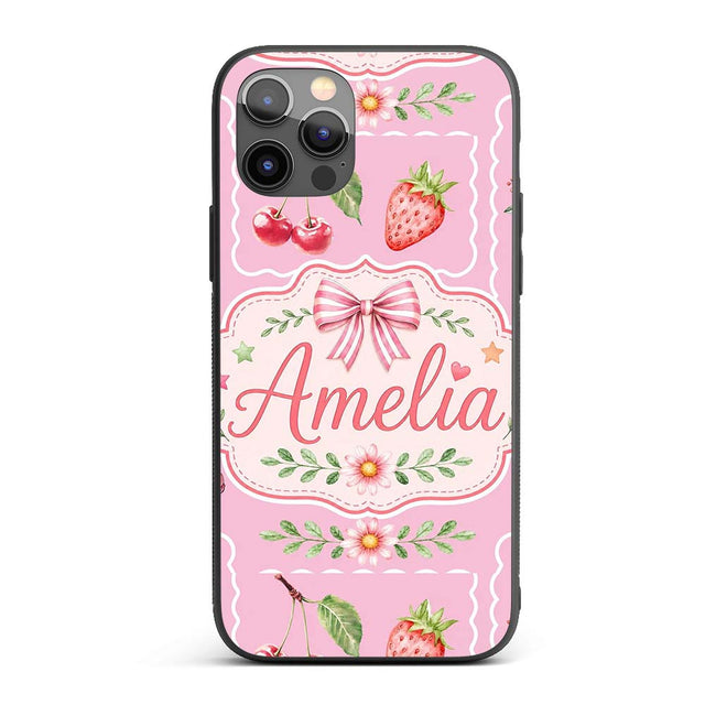 Cute Strawberry Cherry Ribbon Bow Sweet Dessert Custom Name Protective Phone Case Mobile Cover Durable Everyday Smartphone Shock Resistant