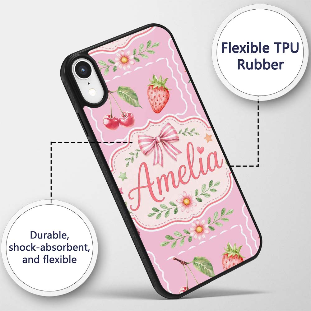 Cute Strawberry Cherry Ribbon Bow Sweet Dessert Custom Name Protective Phone Case Mobile Cover Durable Everyday Smartphone Shock Resistant