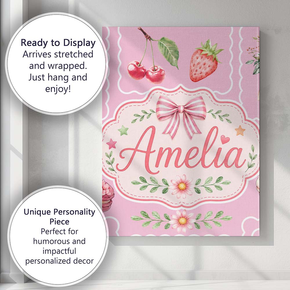 Personalised Name Cute Strawberry Cherry Custom  Unique Gift Idea Elegant Feature Canvas Wall Art Print Decor Picture Ready to Hang