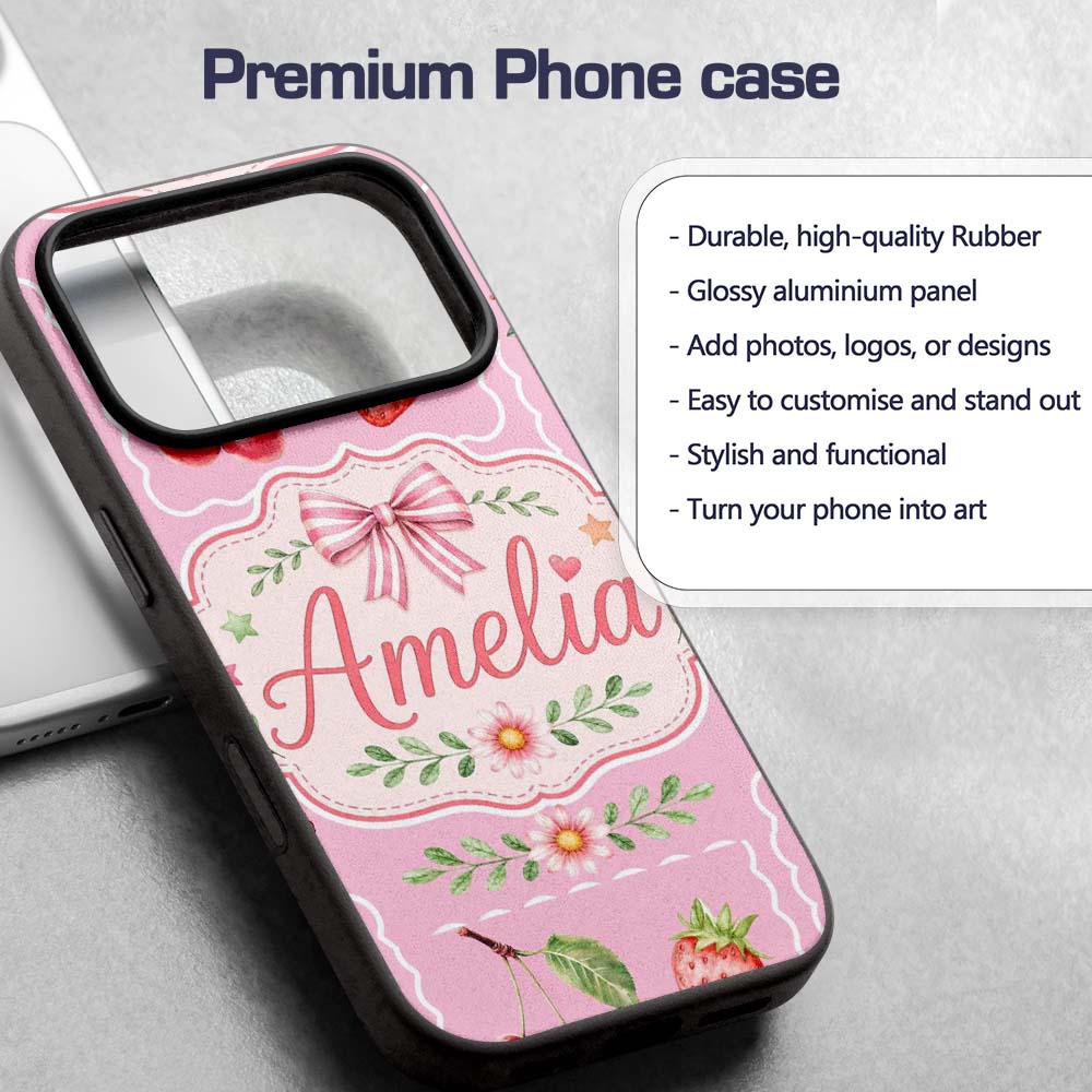 Cute Strawberry Cherry Ribbon Bow Sweet Dessert Custom Name Protective Phone Case Mobile Cover Durable Everyday Smartphone Shock Resistant