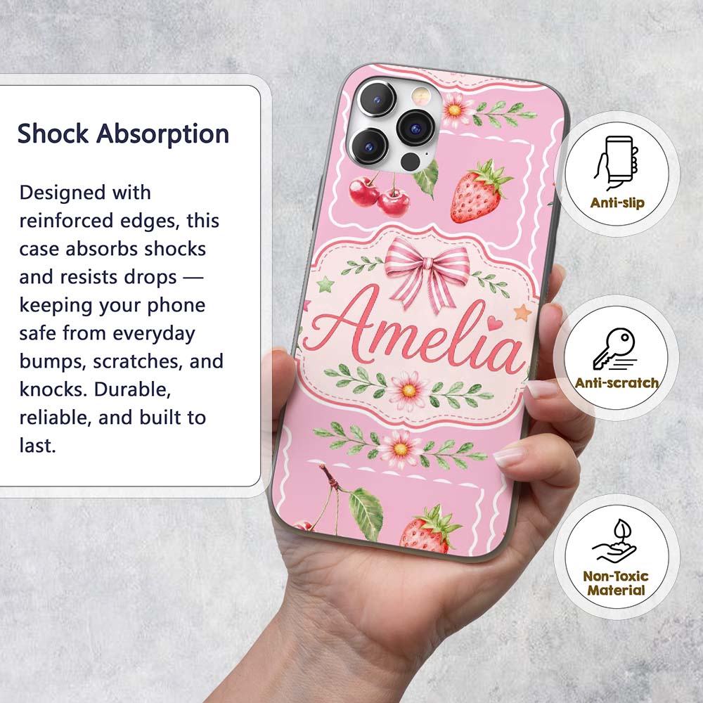 Cute Strawberry Cherry Ribbon Bow Sweet Dessert Custom Name Protective Phone Case Mobile Cover Durable Everyday Smartphone Shock Resistant