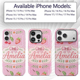 Cute Strawberry Cherry Ribbon Bow Sweet Dessert Custom Name Protective Phone Case Mobile Cover Durable Everyday Smartphone Shock Resistant