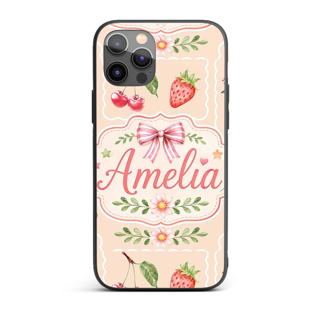 Cute Strawberry Cherry Ribbon Bow Sweet Dessert Custom Name Protective Phone Case Mobile Cover Durable Everyday Smartphone Shock Resistant