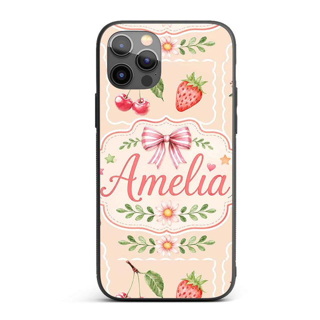 Cute Strawberry Cherry Ribbon Bow Sweet Dessert Custom Name Protective Phone Case Mobile Cover Durable Everyday Smartphone Shock Resistant