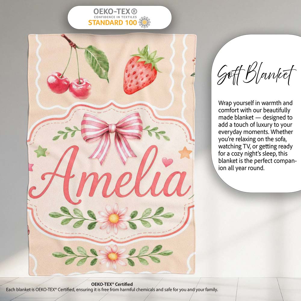 Cute Strawberry Cherry Ribbon Bow Sweet Dessert Pastel Cream Lovely  Personalised Custom Name Super Soft Fleece Blanket Bed Sofa Throw