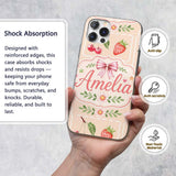 Cute Strawberry Cherry Ribbon Bow Sweet Dessert Custom Name Protective Phone Case Mobile Cover Durable Everyday Smartphone Shock Resistant