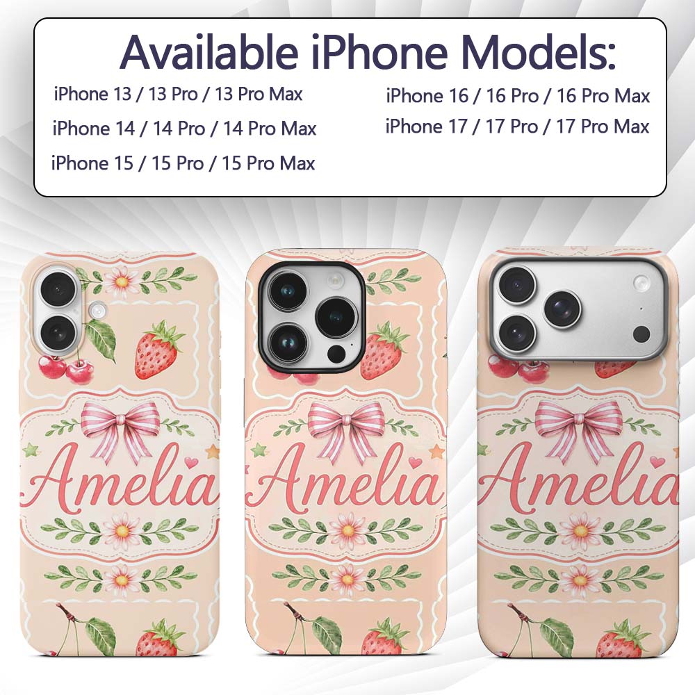 Cute Strawberry Cherry Ribbon Bow Sweet Dessert Custom Name Protective Phone Case Mobile Cover Durable Everyday Smartphone Shock Resistant