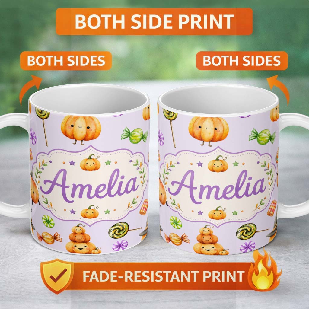 Personalized Custom Name Cute Halloween Pumpkin Candy Characters Lilac Background Seamless 11oz Ceramic Coffee Tea Mug White Large Handle