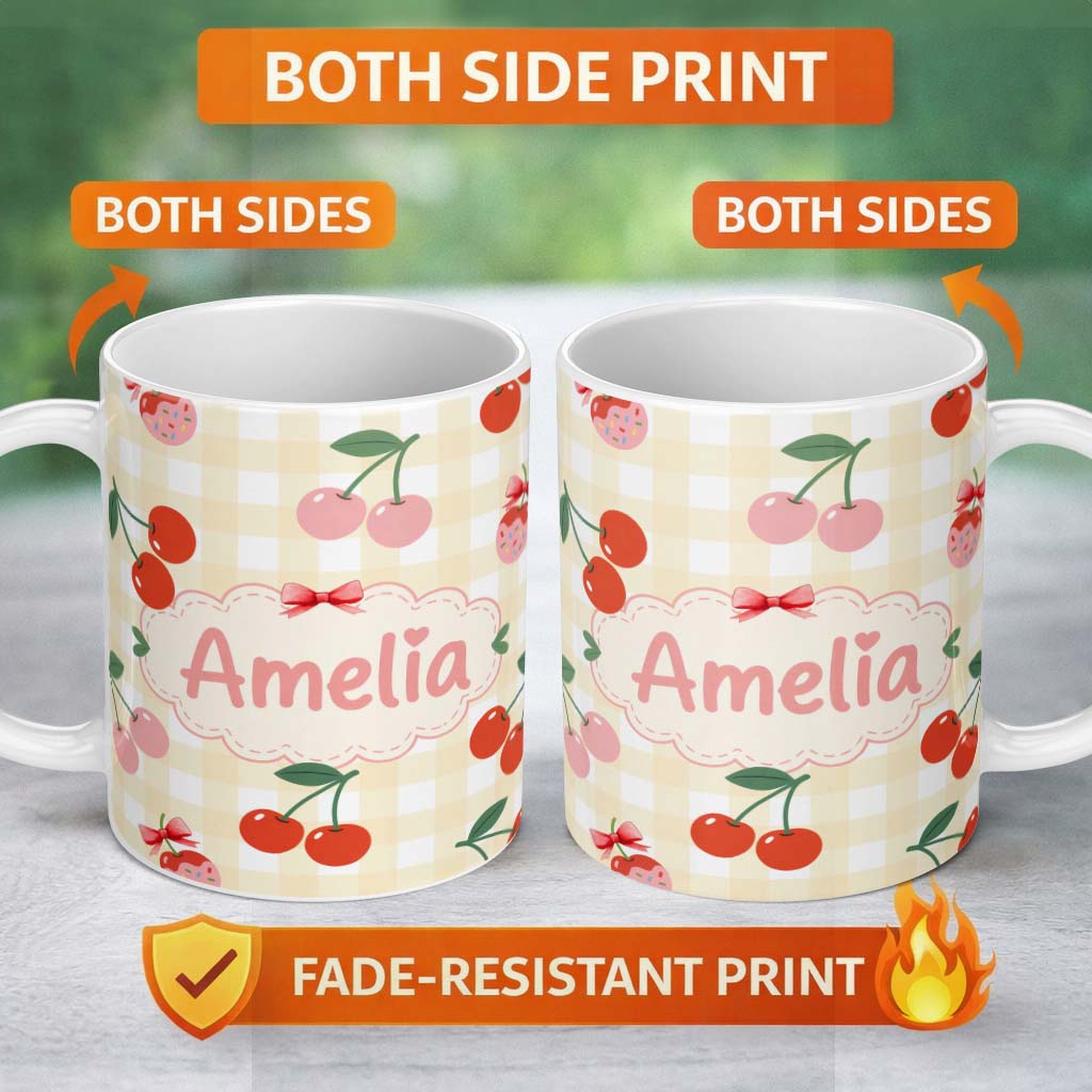 Personalized Custom Name Cherry Fruit Soft Grey Background Minimal Seamless Pattern Lovely 11oz Ceramic Coffee Tea Mug White Large Handle