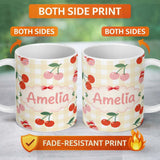 Personalized Custom Name Cherry Fruit Soft Grey Background Minimal Seamless Pattern Lovely 11oz Ceramic Coffee Tea Mug White Large Handle