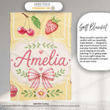 Cute Strawberry Cherry Ribbon Bow Sweet Dessert Pattern Yellow  Personalised Custom Name Super Soft Fleece Blanket Bed Sofa Throw