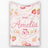 Strawberry Cherry Daisy Floral Bow Sweet Dessert Soft Blush Pink  Personalised Custom Name Super Soft Fleece Blanket Bed Sofa Throw