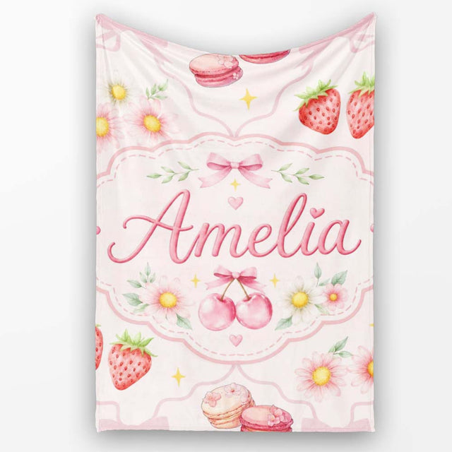 Strawberry Cherry Daisy Floral Bow Sweet Dessert Soft Blush Pink  Personalised Custom Name Super Soft Fleece Blanket Bed Sofa Throw