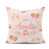 Custom Name Strawberry Cherry Daisy Bow Sweet Dessert Soft Blush Square Filled Cushion Throw Pillow Sofa Bed Home Decor Zip Washable UK Made