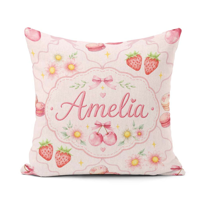 Custom Name Strawberry Cherry Daisy Bow Sweet Dessert Soft Blush Square Filled Cushion Throw Pillow Sofa Bed Home Decor Zip Washable UK Made