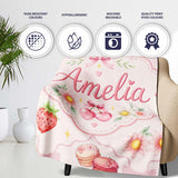 Strawberry Cherry Daisy Floral Bow Sweet Dessert Soft Blush Pink  Personalised Custom Name Super Soft Fleece Blanket Bed Sofa Throw