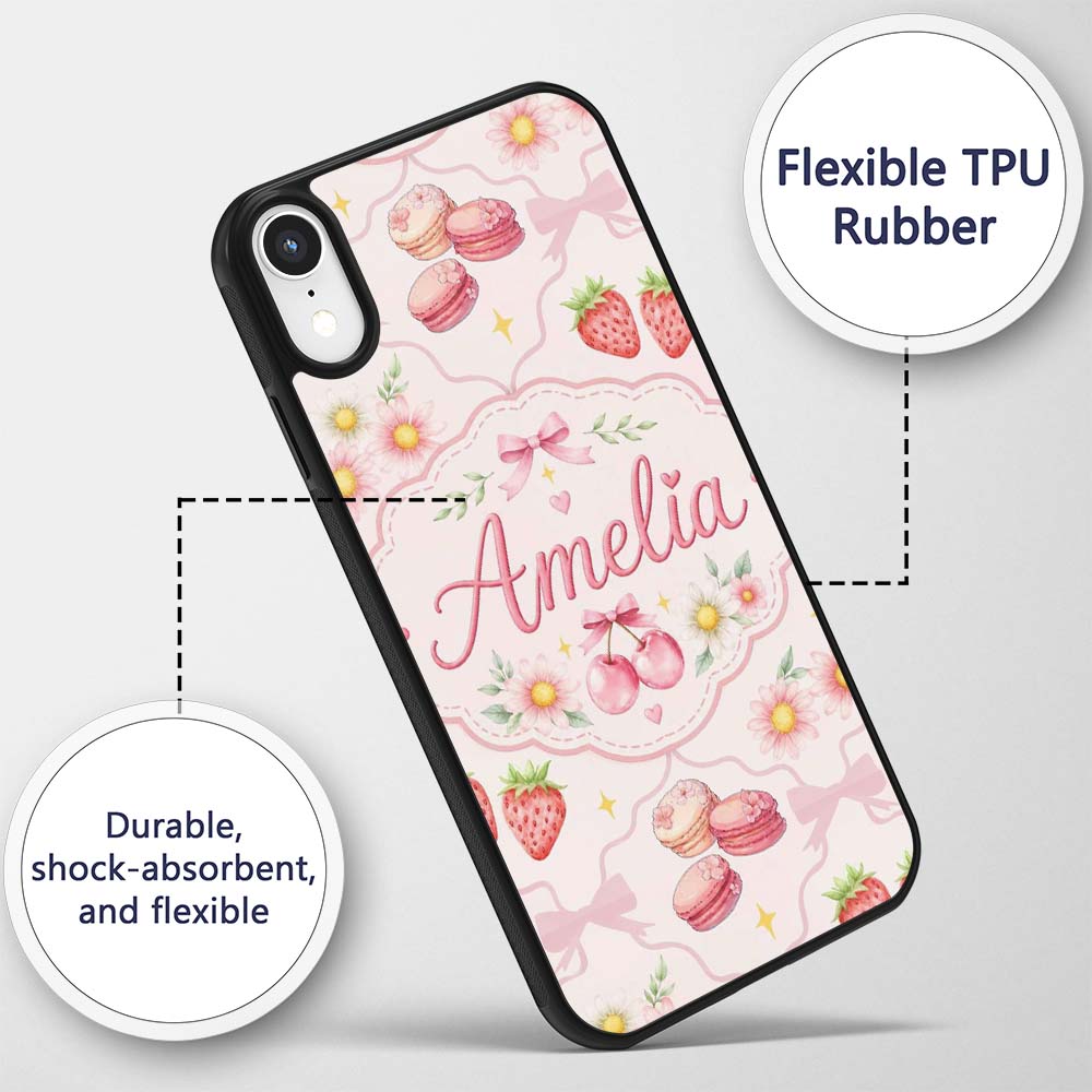 Strawberry Cherry Daisy Floral Bow Sweet Dessert Custom Name Protective Phone Case Mobile Cover Durable Everyday Smartphone Shock Resistant